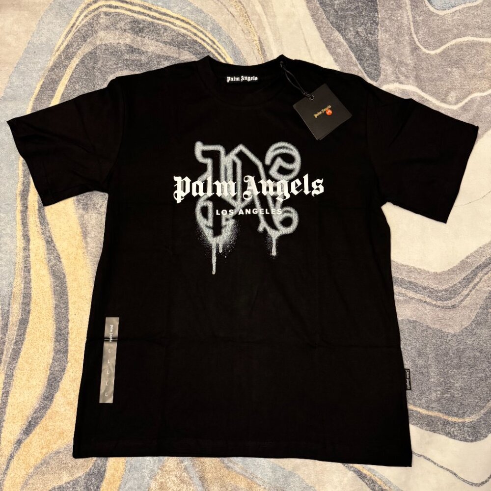 Palm Angels White Grafitti PA Los Angeles Logo Black T-Shirt Size Large